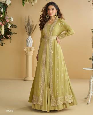 Mustard chinon silk readymade anarkali shrug gown with belt & embroidery - Full stitched free size 1