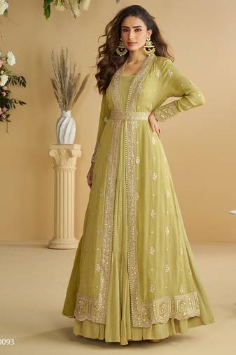 Mustard chinon silk readymade anarkali shrug gown with belt & embroidery work - Full stitched free size