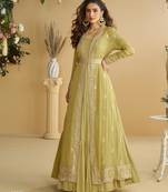 Mustard chinon silk readymade anarkali shrug gown with belt & embroidery work - Full stitched free size