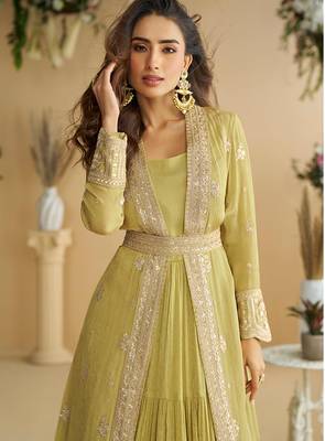 Mustard chinon silk readymade anarkali shrug gown with belt & embroidery - Full stitched free size 2
