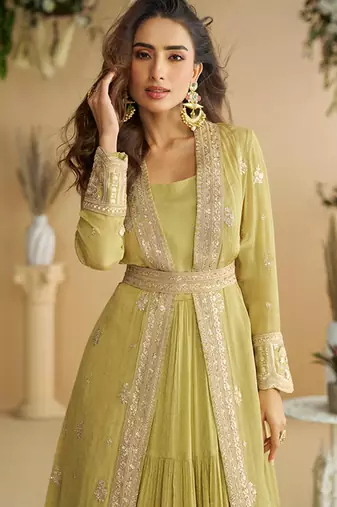 Mustard chinon silk readymade anarkali shrug gown with belt & embroidery - Full stitched free size