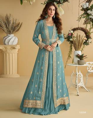 Sky-blue chinon silk readymade anarkali shrug gown with belt & embroidery work 1