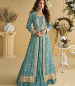 Sky-blue chinon silk readymade anarkali shrug gown with belt & embroidery work