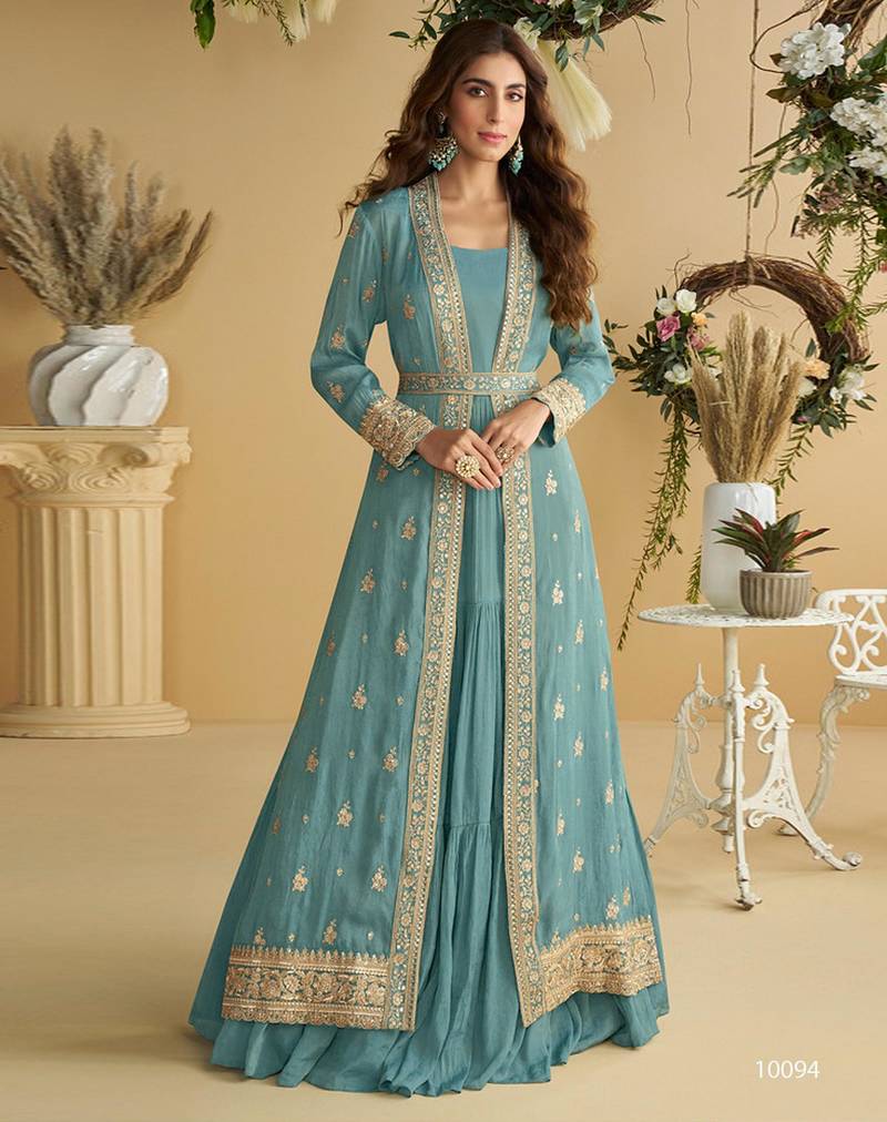 Sky-blue chinon silk readymade anarkali shrug gown with belt & embroidery work