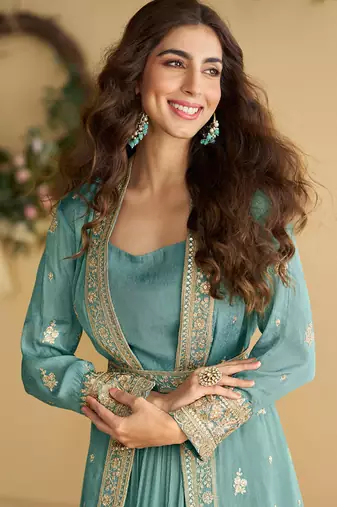 Sky-blue chinon silk readymade anarkali shrug gown with belt & embroidery work