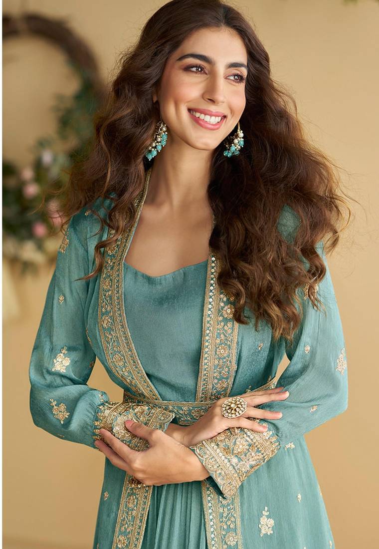 Sky-blue chinon silk readymade anarkali shrug gown with belt & embroidery work