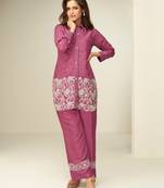 Magenta chinon silk readymade co-ords set with embroidery work