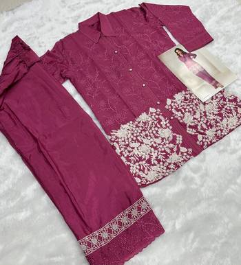 Magenta chinon silk readymade co-ords set with embroidery  3