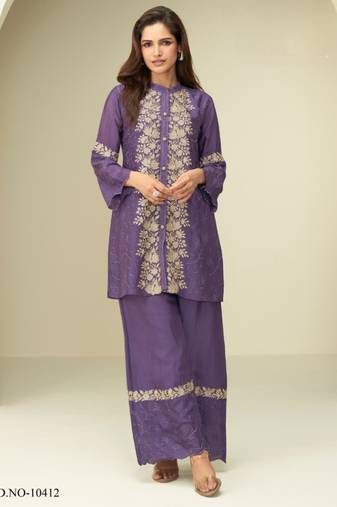 Violet chinon silk readymade co-ords set with embroidery work Full stitched free size