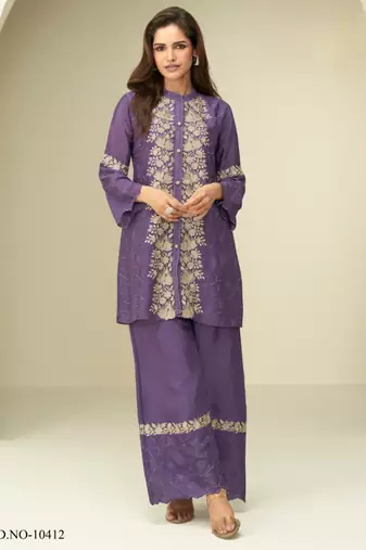 Violet chinon silk readymade co-ords set with embroidery work Full stitched free size
