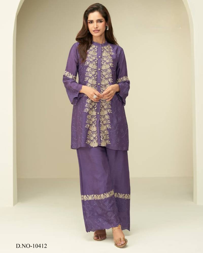 Violet chinon silk readymade co-ords set with embroidery work Full stitched free size
