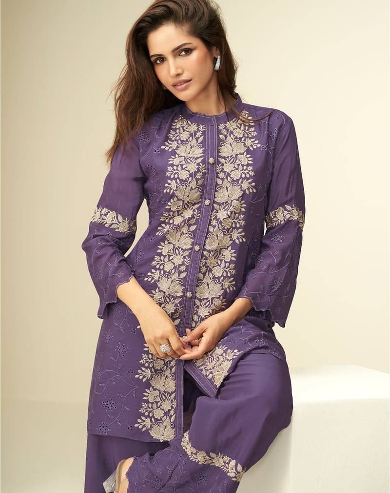 Violet chinon silk readymade co-ords set with embroidery work Full stitched free size