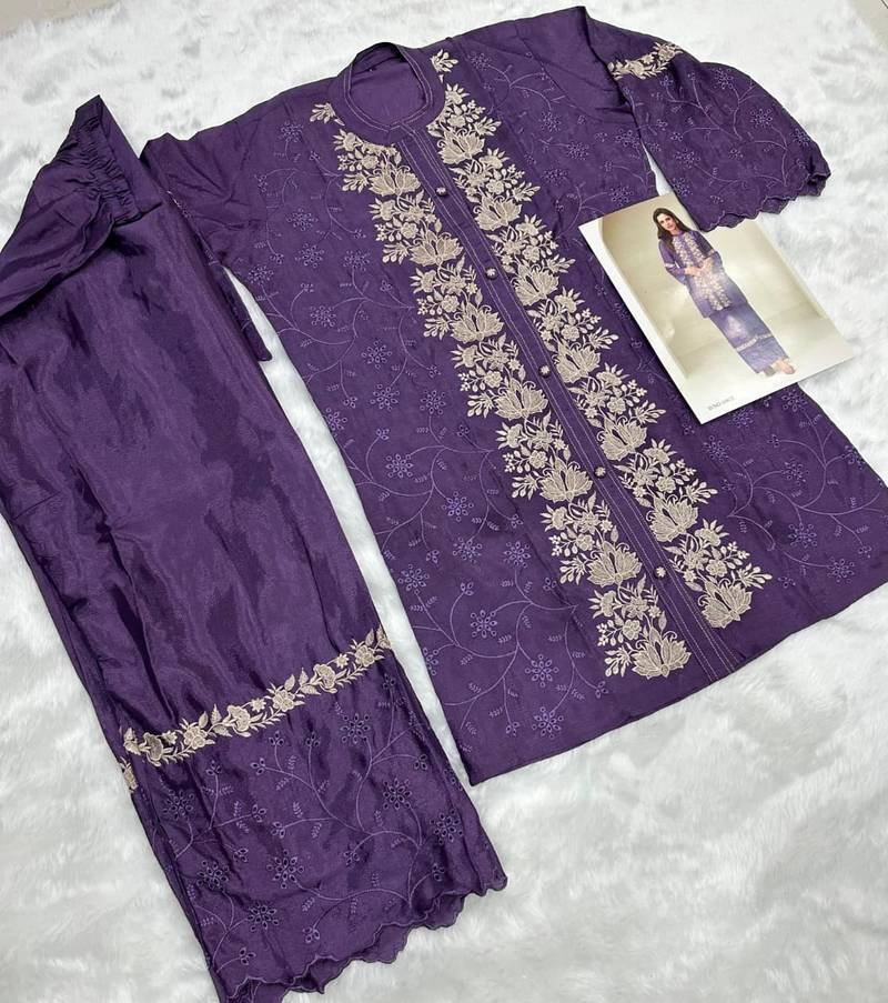 Violet chinon silk readymade co-ords set with embroidery work Full stitched free size