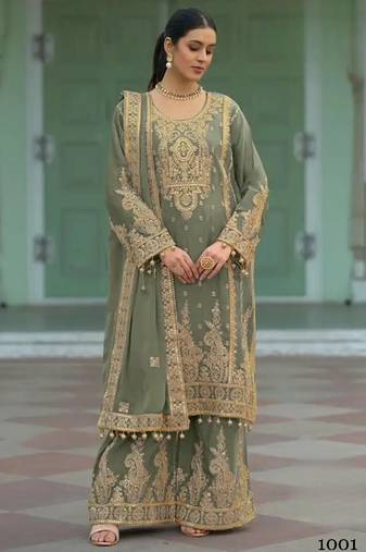 Mehendi heavy chinon readymade plazzo suit with heavy embroidery work Full stitched free size