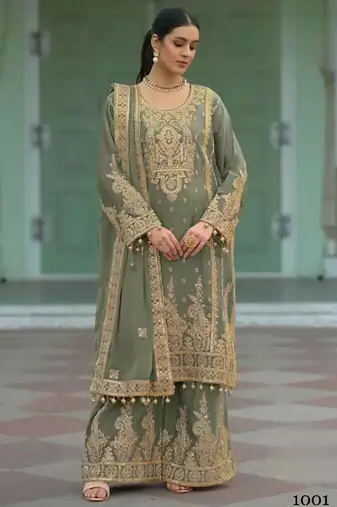 Mehendi heavy chinon readymade plazzo suit with heavy embroidery work Full stitched free size