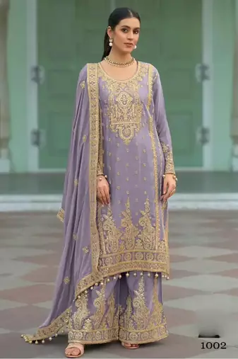 Lavender heavy chinon readymade plazzo suit with heavy embroidery work