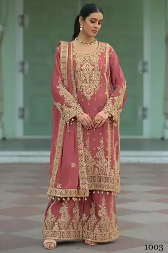 Coral heavy chinon readymade plazzo suit with heavy embroidery work