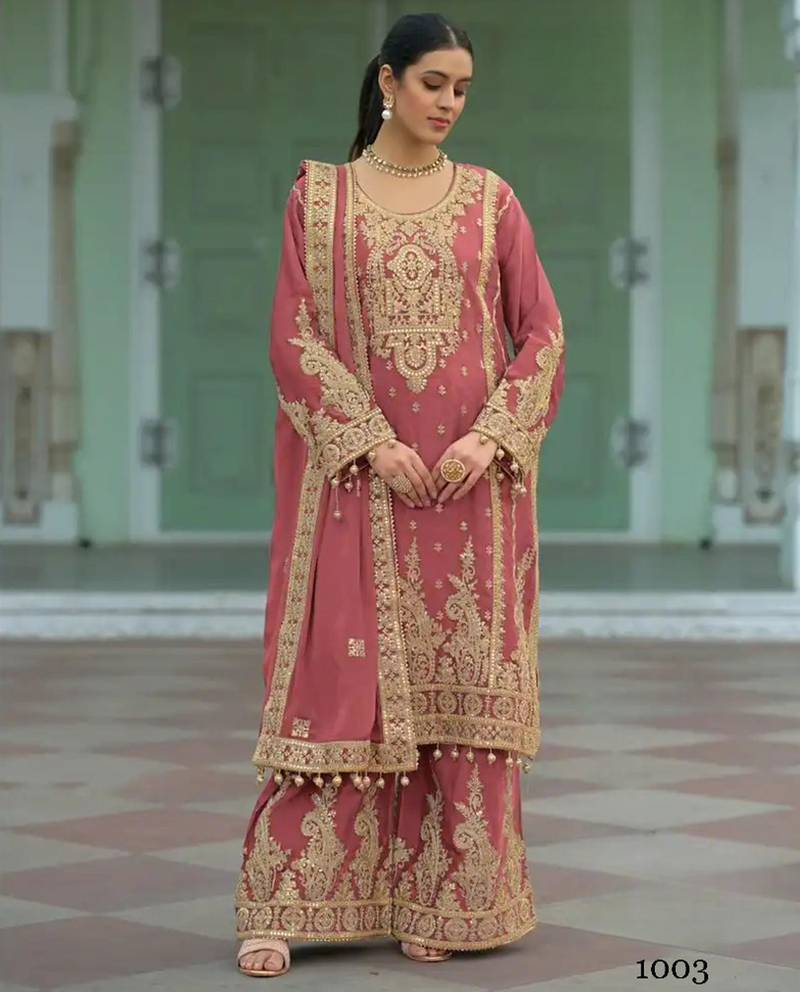 Coral heavy chinon readymade plazzo suit with heavy embroidery work