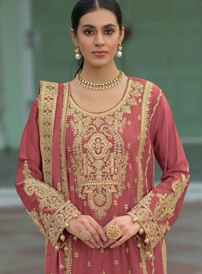 Coral heavy chinon readymade plazzo suit with heavy embroidery work