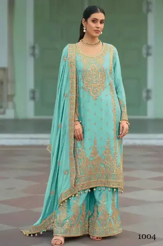 Sky-blue heavy chinon readymade plazzo suit with heavy embroidery work-Full stitched free size