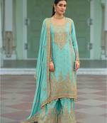 Sky-blue heavy chinon readymade plazzo suit with heavy embroidery work-Full stitched free size