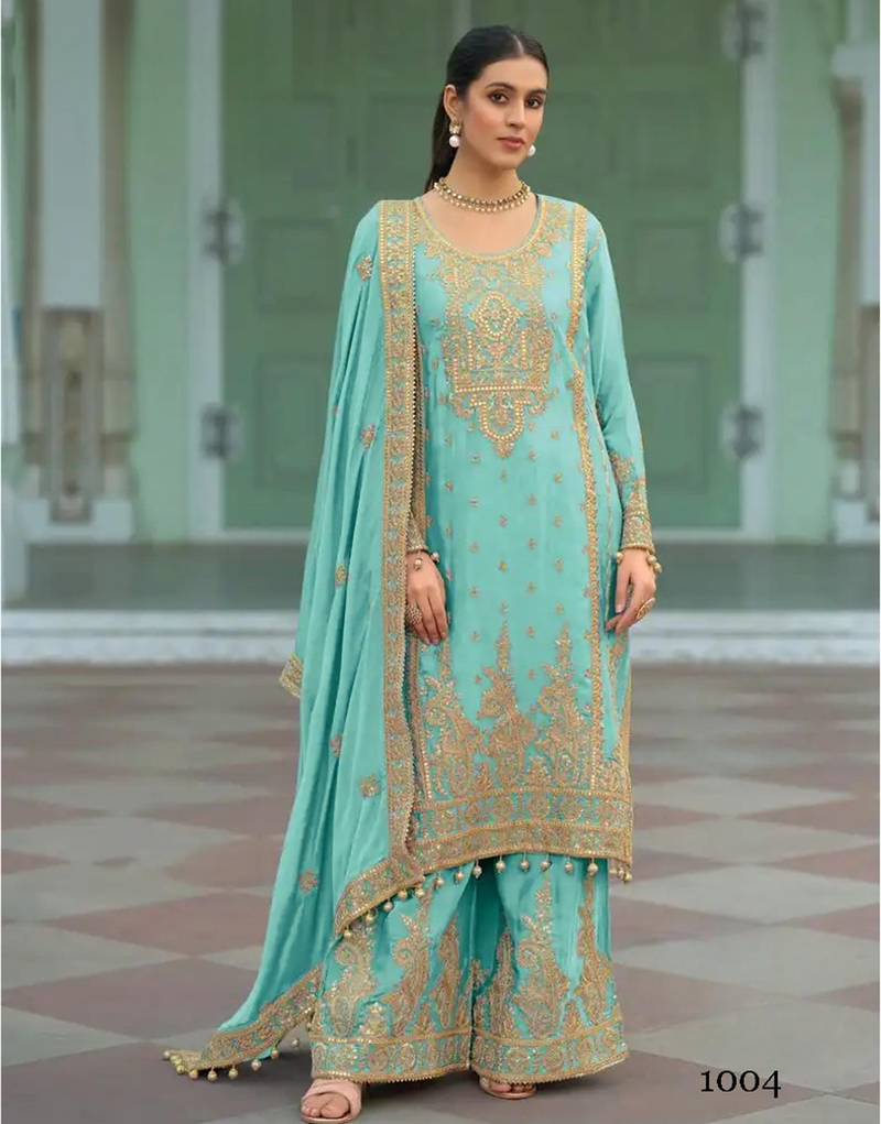 Sky-blue heavy chinon readymade plazzo suit with heavy embroidery work-Full stitched free size