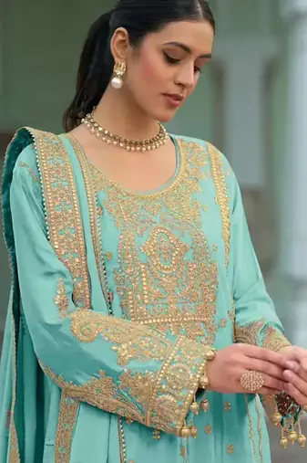 Sky-blue heavy chinon readymade plazzo suit with heavy embroidery work-Full stitched free size