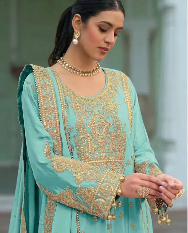 Sky-blue heavy chinon readymade plazzo suit with heavy embroidery work-Full stitched free size