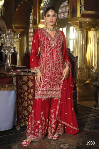 Red heavy chinon readymade plazzo suit with heavy embroidery work- Full stitched free size