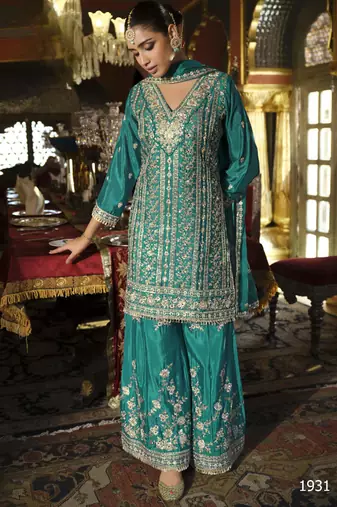 Sky-blue heavy chinon readymade plazzo suit with heavy embroidery work - Full stitched free size