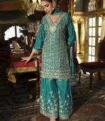 Sky-blue heavy chinon readymade plazzo suit with heavy embroidery work - Full stitched free size