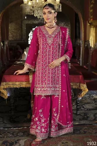 Rani-pink heavy chinon readymade plazzo suit with heavy embroidery work-Full stitched free size