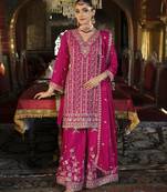 Rani-pink heavy chinon readymade plazzo suit with heavy embroidery work-Full stitched free size