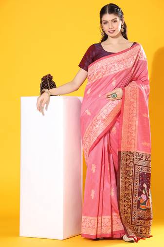pink soft raw art silk weaving saree with antique zari border & exclusive designer pallu