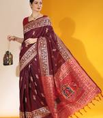 maroon soft raw art silk weaving saree with antique zari border & exclusive designer pallu