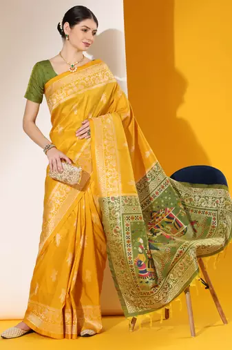 yellow soft raw art silk weaving saree with antique zari border & exclusive designer pallu