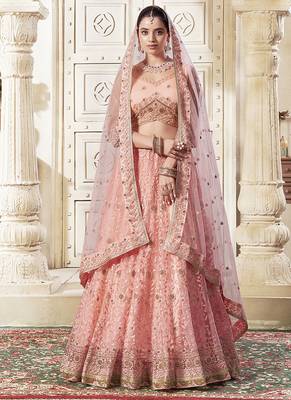 Peach Embroidery & Sequin Silk Net Lehenga 1