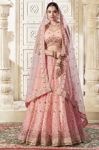 Peach Embroidery & Sequin Silk Net Lehenga