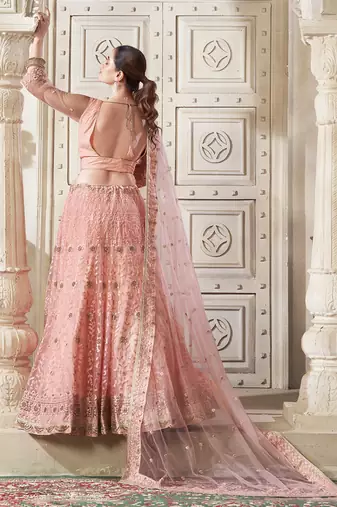 Peach Embroidery & Sequin Silk Net Lehenga