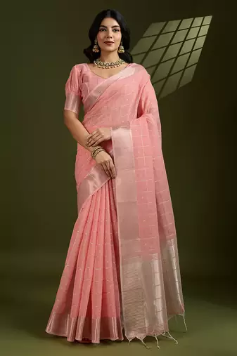 peach pink designer soft tissue linen art silk saree with gota-patti woven checks and zari accents