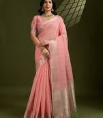 peach pink designer soft tissue linen art silk saree with gota-patti woven checks and zari accents