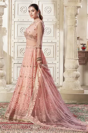 Peach Embroidery & Sequin Silk Net Lehenga