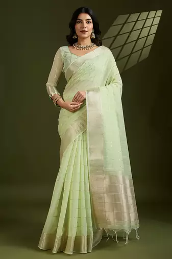 mint green designer soft tissue linen art silk saree with gota-patti woven checks and zari accents