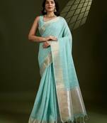 aqua blue designer soft tissue linen art silk saree with gota-patti woven checks and zari accents