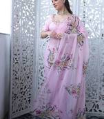 RICH CELEBRITY STYLE HANDWORK SOFT TABI FLOWER PRINT ORGANZA SAREE WITH BLOUSE SET