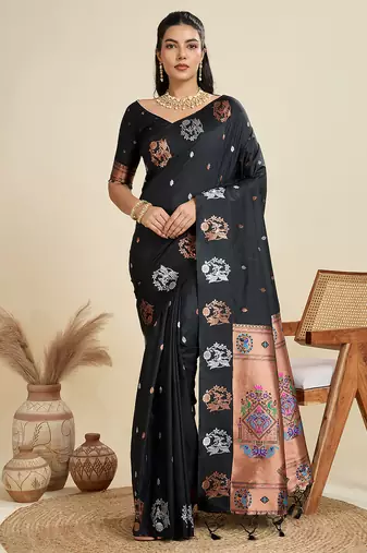 black paithani kanjivaram art silk saree with silver and gold zari weaving and running blouse piece