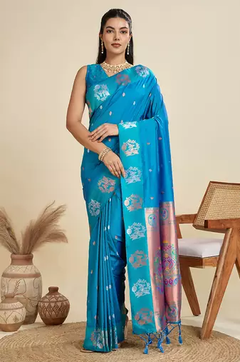 aqua blue paithani kanjivaram art silk saree with silver and gold zari weaving and running blouse piece