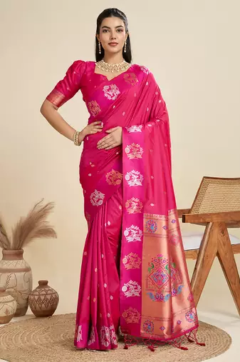 magenta paithani kanjivaram art silk saree with silver and gold zari weaving and running blouse piece