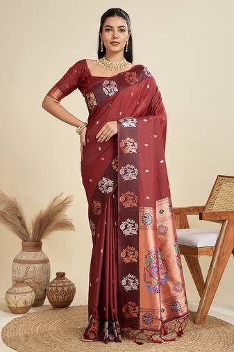 maroon paithani kanjivaram art silk saree with silver and gold zari weaving and running blouse piece
