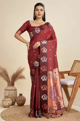 maroon paithani kanjivaram art silk saree with silver and gold zari weaving and running blouse piece